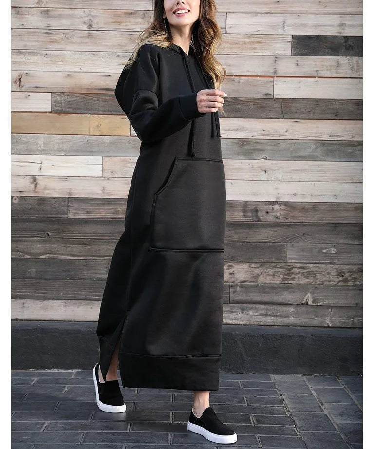 Women's Hoodie Midi Dress – Lace-Up Hem Hooded Sweatshirt Dress – Casual Loose Long Dress for Autumn & Winter