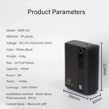 Product parameters of a black air purifier with dimensions and specifications listed. | Origin Zero