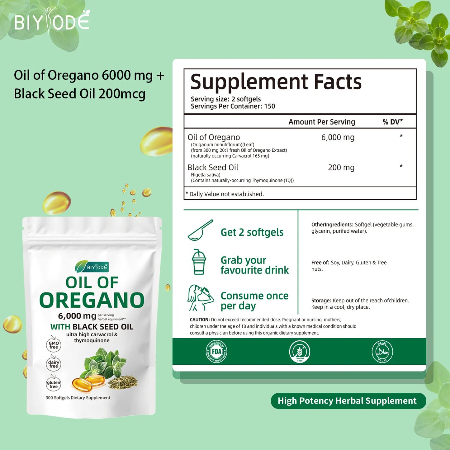 Oil of Oregano 6000mg Softgels with Black Seed Oil – Immune Support, Antioxidant & Fitness Recovery – 300 Softgels