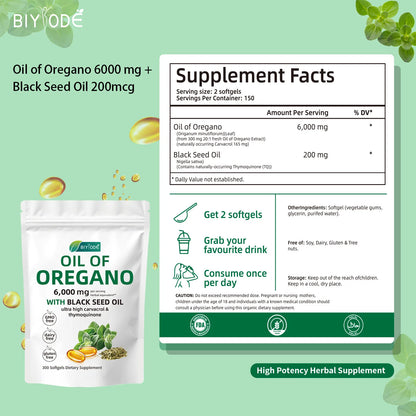 Oil of Oregano 6000mg Softgels with Black Seed Oil – Immune Support, Antioxidant & Fitness Recovery – 300 Softgels