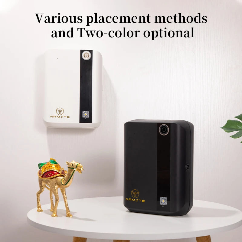 Two electronic devices on a white surface with text about placement methods and color options. | Origin Zero