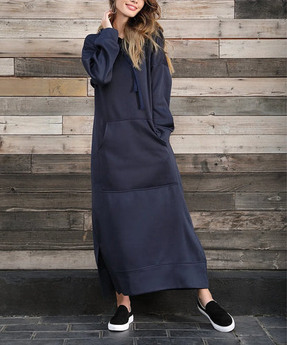 Women's Hoodie Midi Dress – Lace-Up Hem Hooded Sweatshirt Dress – Casual Loose Long Dress for Autumn & Winter