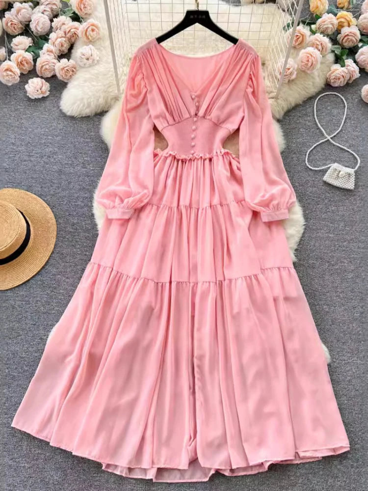 Vintage Chiffon Long Dress Women Elegant V-neck Long Sleeved Casual Dresses French Pleated Slim A-line Long Robe Vestidos