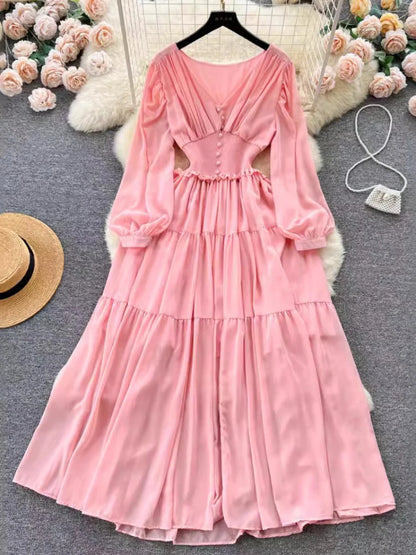 Vintage Chiffon Long Dress Women Elegant V-neck Long Sleeved Casual Dresses French Pleated Slim A-line Long Robe Vestidos