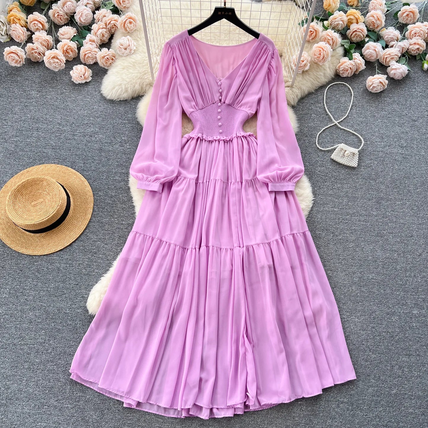 Vintage Chiffon Long Dress Women Elegant V-neck Long Sleeved Casual Dresses French Pleated Slim A-line Long Robe Vestidos