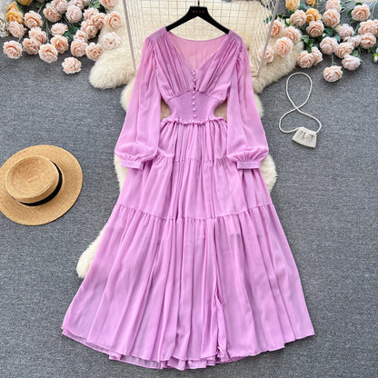 Vintage Chiffon Long Dress Women Elegant V-neck Long Sleeved Casual Dresses French Pleated Slim A-line Long Robe Vestidos