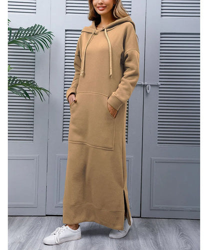 Women's Hoodie Midi Dress – Lace-Up Hem Hooded Sweatshirt Dress – Casual Loose Long Dress for Autumn & Winter