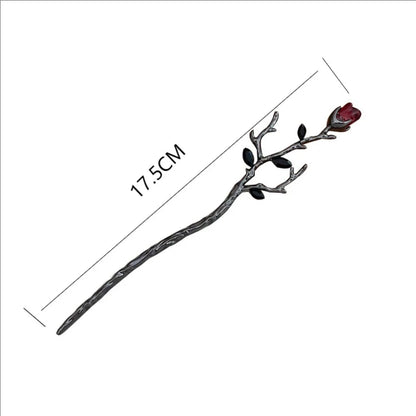 Rose Flower Crystal Hair Stick – Vintage Chinese Alloy Hairpin for Women, Black & Red