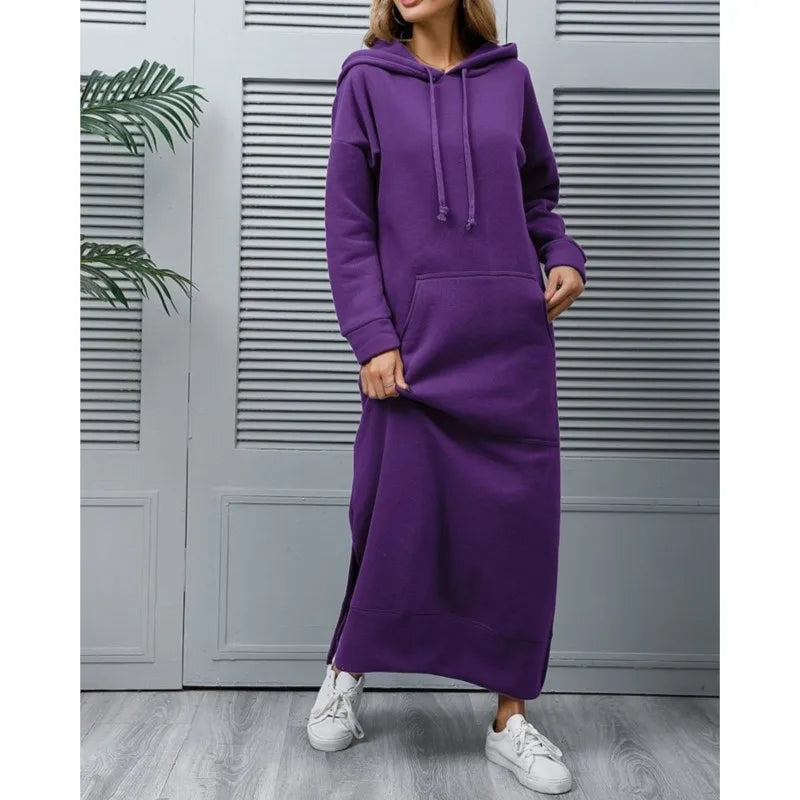 Women's Hoodie Midi Dress – Lace-Up Hem Hooded Sweatshirt Dress – Casual Loose Long Dress for Autumn & Winter