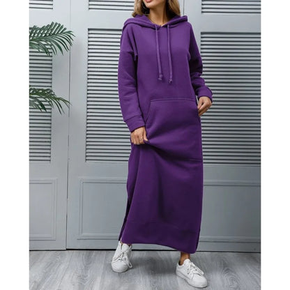 Women's Hoodie Midi Dress – Lace-Up Hem Hooded Sweatshirt Dress – Casual Loose Long Dress for Autumn & Winter