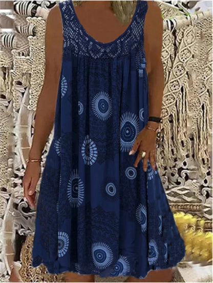 Women’s Sleeveless Boho Print Dress – A-Line Pleated Hem Lace Splice Knee-Length Summer Dress – Casual, Holiday & Beach – Sizes S–XXXL