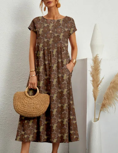 Women’s Floral Boho Midi Dress – A-Line Short Sleeve Cotton Blend Pleated Summer Dress – Casual, Beach & Party – Sizes S–XXL