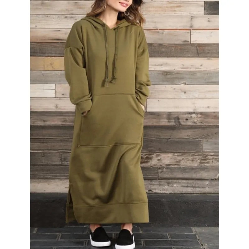 Women's Hoodie Midi Dress – Lace-Up Hem Hooded Sweatshirt Dress – Casual Loose Long Dress for Autumn & Winter