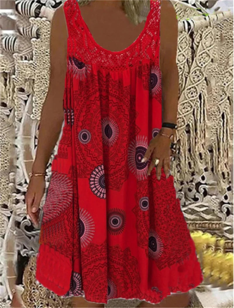 Women’s Sleeveless Boho Print Dress – A-Line Pleated Hem Lace Splice Knee-Length Summer Dress – Casual, Holiday & Beach – Sizes S–XXXL
