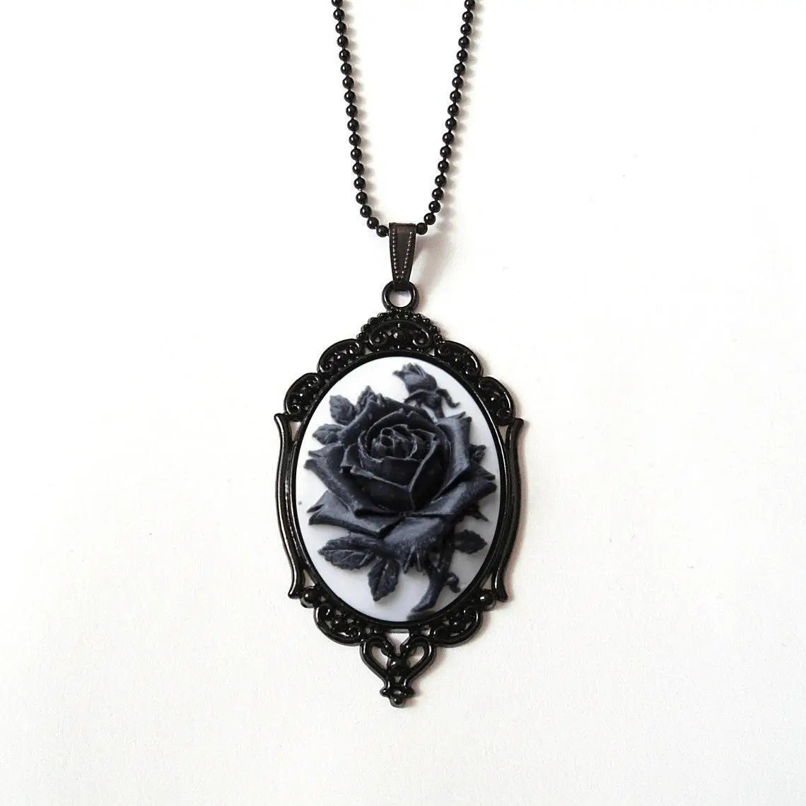 Rose Cameo Necklace, Gothic jewelry, Black bead chain, Victorian, Pagan, Alternative, Witchcraft accessories, Rose Choker, Gift