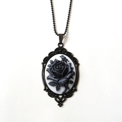 Rose Cameo Necklace, Gothic jewelry, Black bead chain, Victorian, Pagan, Alternative, Witchcraft accessories, Rose Choker, Gift
