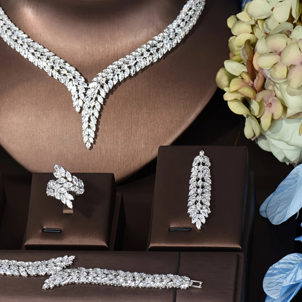 Cubic Zirconia 4-Piece Bridal Jewelry Set for Women – Necklace, Earrings, Ring & Bracelet