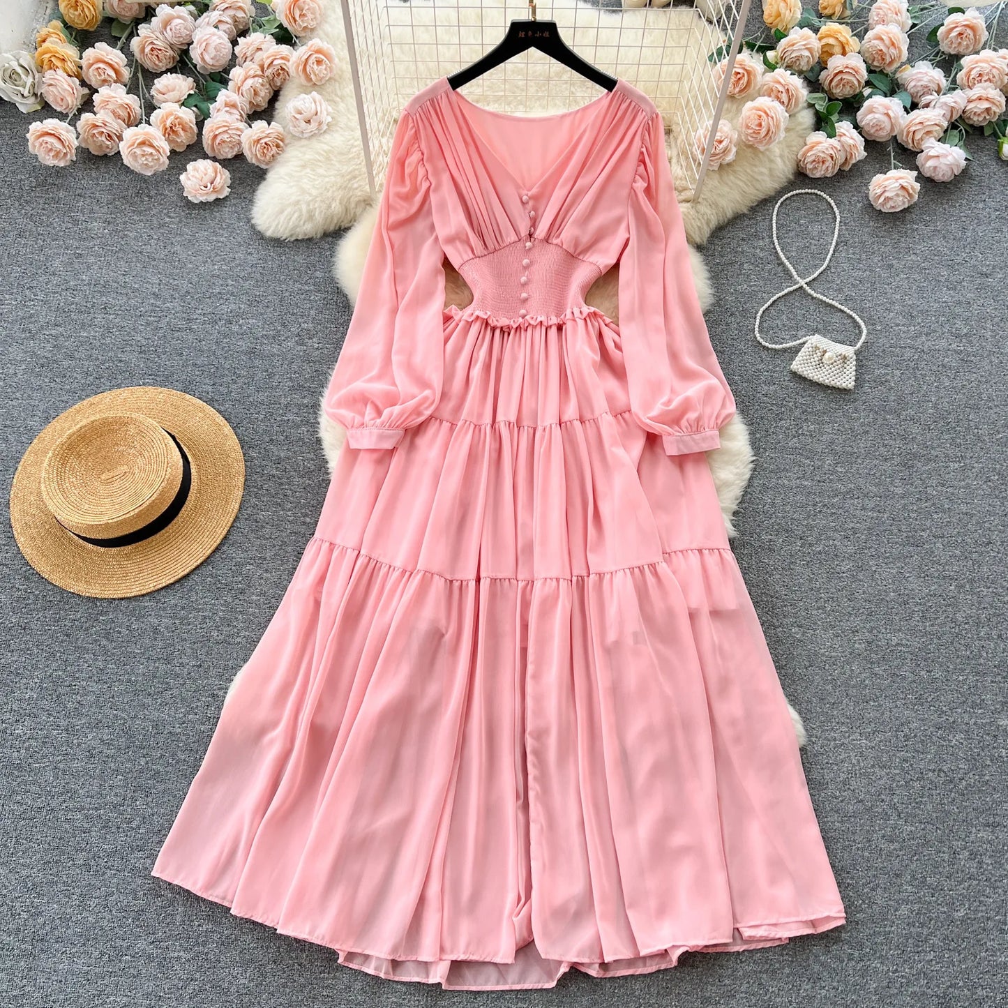 Vintage Chiffon Long Dress Women Elegant V-neck Long Sleeved Casual Dresses French Pleated Slim A-line Long Robe Vestidos