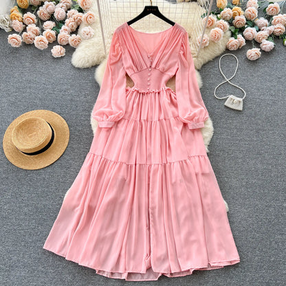 Vintage Chiffon Long Dress Women Elegant V-neck Long Sleeved Casual Dresses French Pleated Slim A-line Long Robe Vestidos