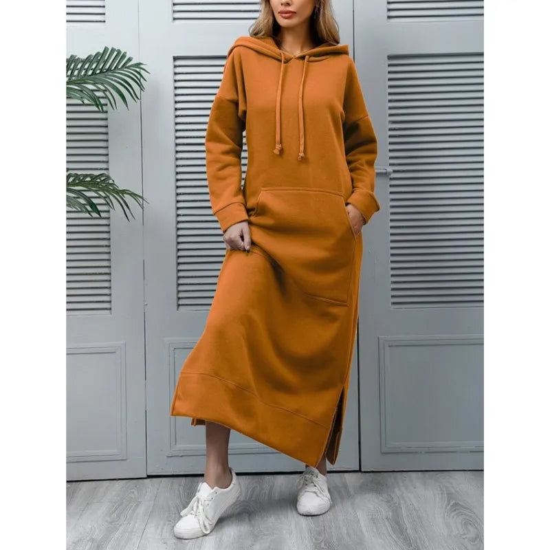 Women's Hoodie Midi Dress – Lace-Up Hem Hooded Sweatshirt Dress – Casual Loose Long Dress for Autumn & Winter