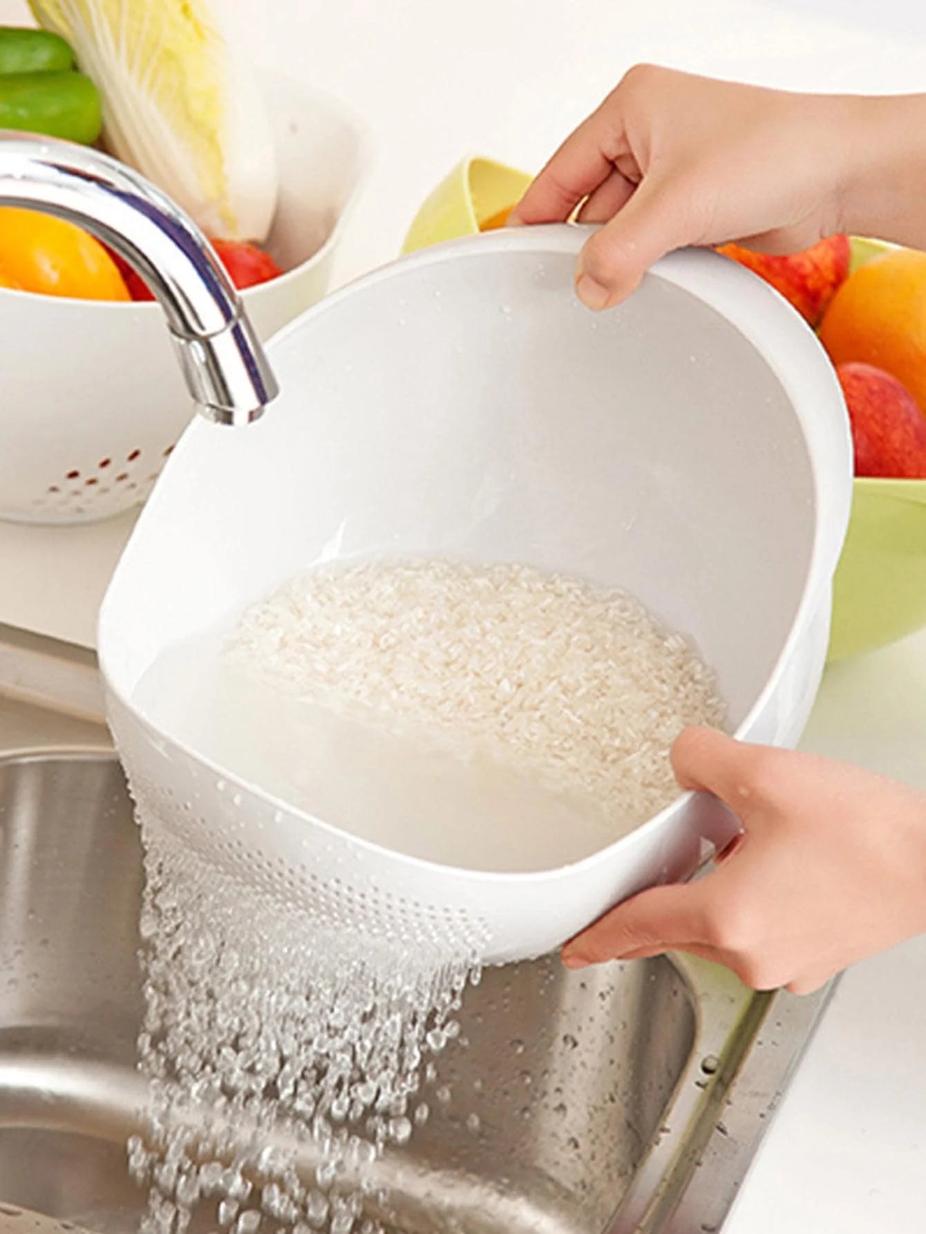 Kitchen Drain Basket Colander with Handle – Double-Layer Rice Washing Bowl, Fruit & Vegetable Strainer