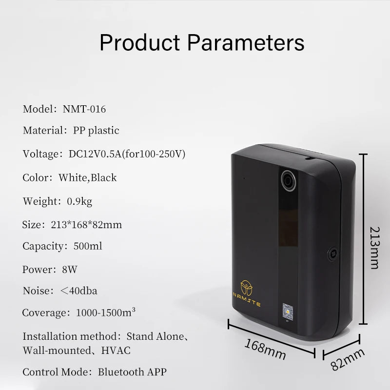 Product parameters of a black air purifier with dimensions and specifications listed  | Origin Zero