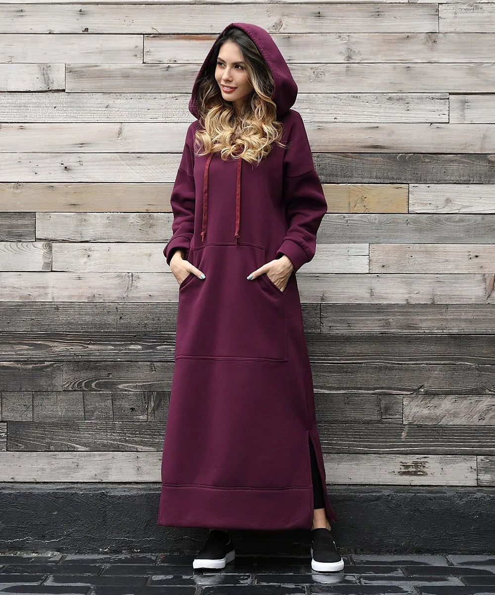 Women's Hoodie Midi Dress – Lace-Up Hem Hooded Sweatshirt Dress – Casual Loose Long Dress for Autumn & Winter