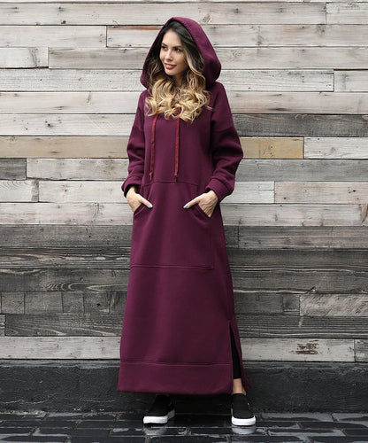 Women's Hoodie Midi Dress – Lace-Up Hem Hooded Sweatshirt Dress – Casual Loose Long Dress for Autumn & Winter