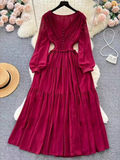 Vintage Chiffon Long Dress Women Elegant V-neck Long Sleeved Casual Dresses French Pleated Slim A-line Long Robe Vestidos