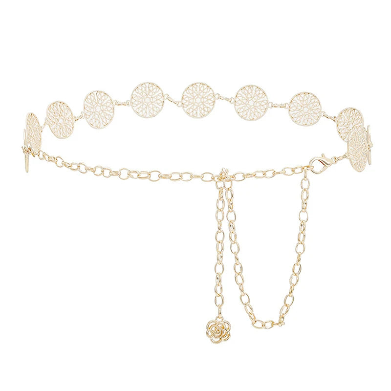 Elegant Round Metal Belt for Women – Retro Gold & Silver Carved Hollow-Out Waistband