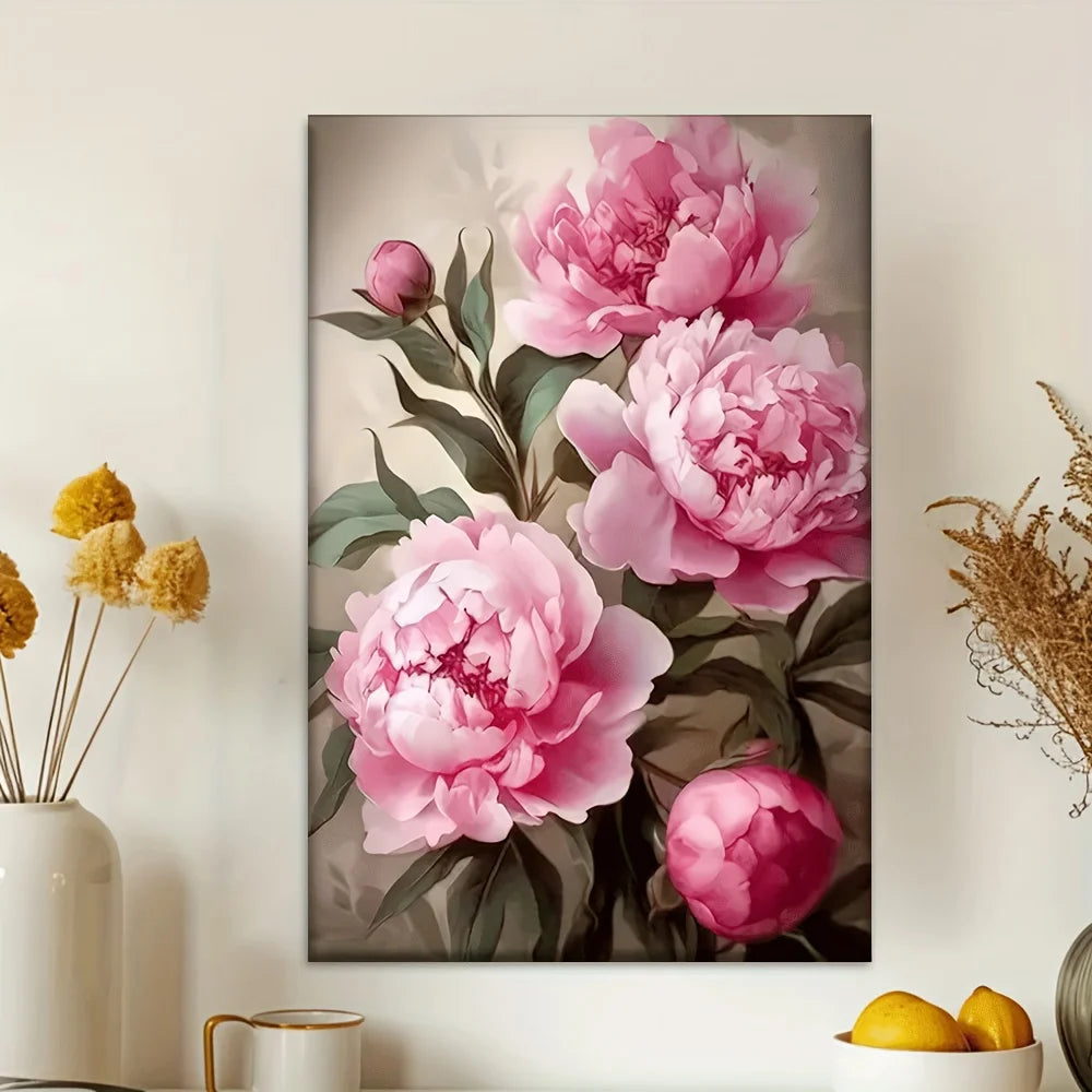Pink Peony Canvas Wall Art – Unframed Vibrant Floral Print for Living Room, Office & Cafe