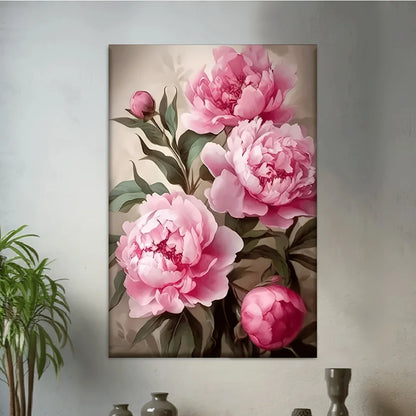 Pink Peony Canvas Wall Art – Unframed Vibrant Floral Print for Living Room, Office & Cafe