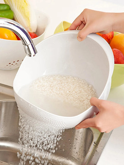 Kitchen Drain Basket Colander with Handle – Double-Layer Rice Washing Bowl, Fruit & Vegetable Strainer