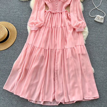 Vintage Chiffon Long Dress Women Elegant V-neck Long Sleeved Casual Dresses French Pleated Slim A-line Long Robe Vestidos