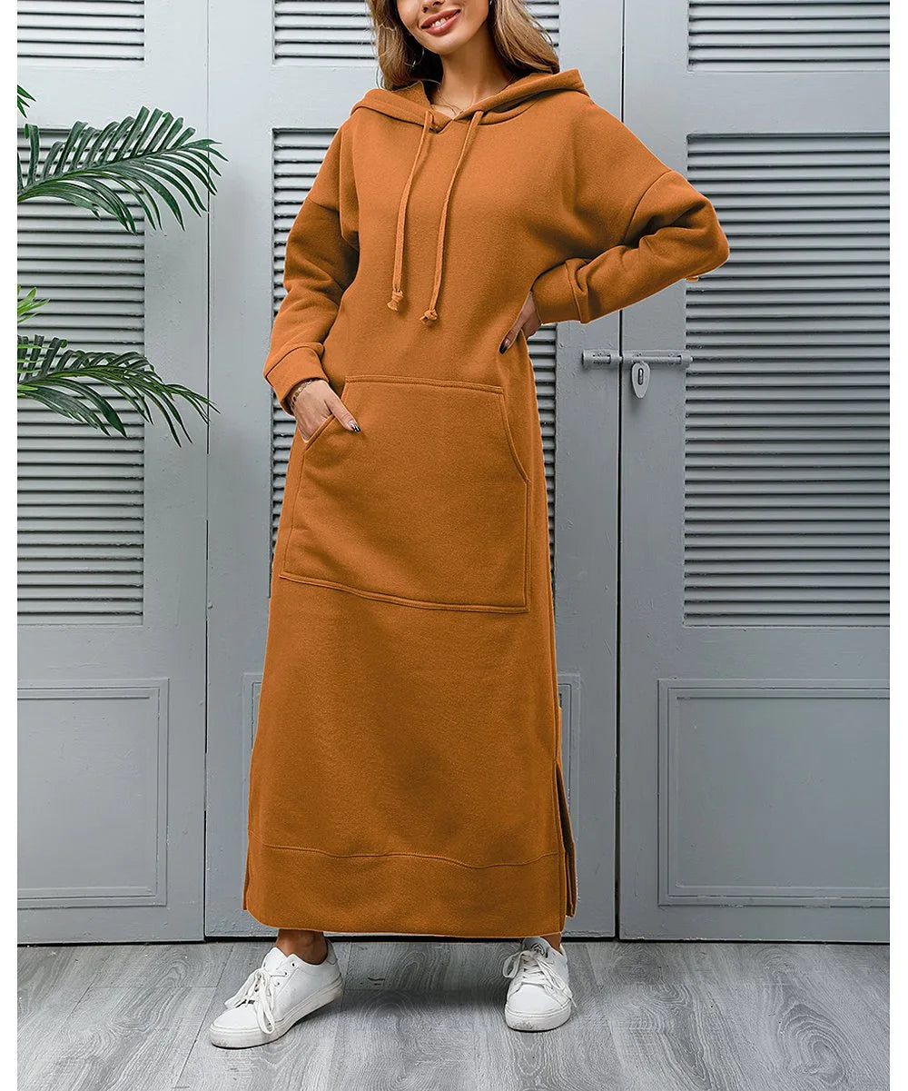 Women's Hoodie Midi Dress – Lace-Up Hem Hooded Sweatshirt Dress – Casual Loose Long Dress for Autumn & Winter