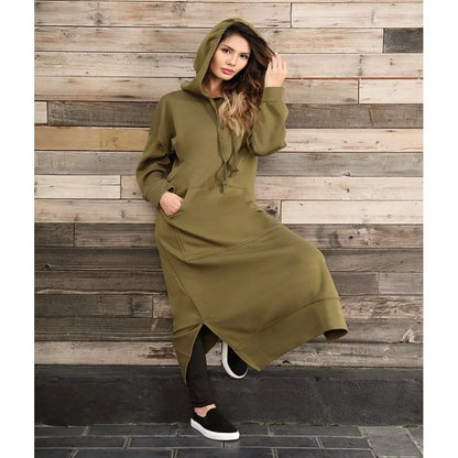 Women's Hoodie Midi Dress – Lace-Up Hem Hooded Sweatshirt Dress – Casual Loose Long Dress for Autumn & Winter