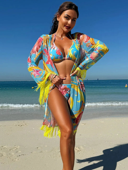 Women's Swimsuit & Beach Cover-Up Set Women's Swimsuit Set - Tassel Drape Premium Feel - 3-Piece Beach Cover-Up