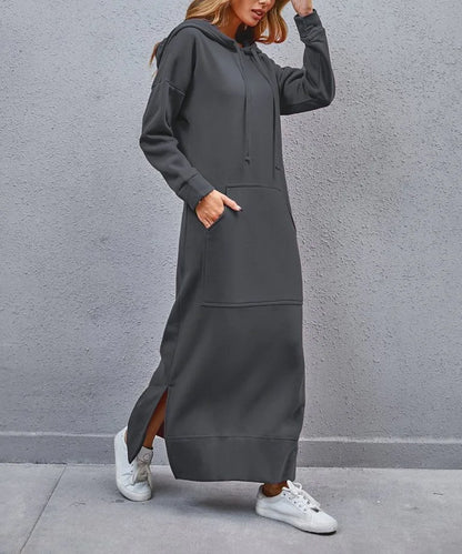 Women's Hoodie Midi Dress – Lace-Up Hem Hooded Sweatshirt Dress – Casual Loose Long Dress for Autumn & Winter