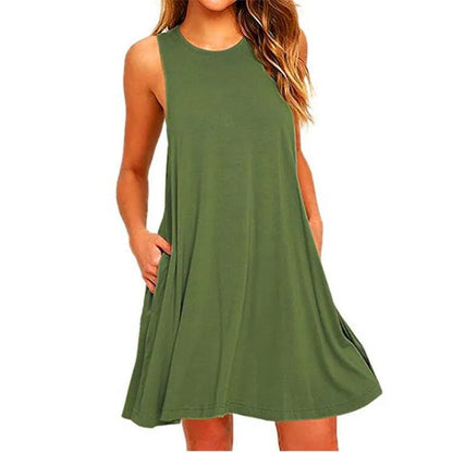 With Pocket Solid Color Sleeveless Loose Dress Women O Neck Mini Causal Dress Office Club Party Vestidos