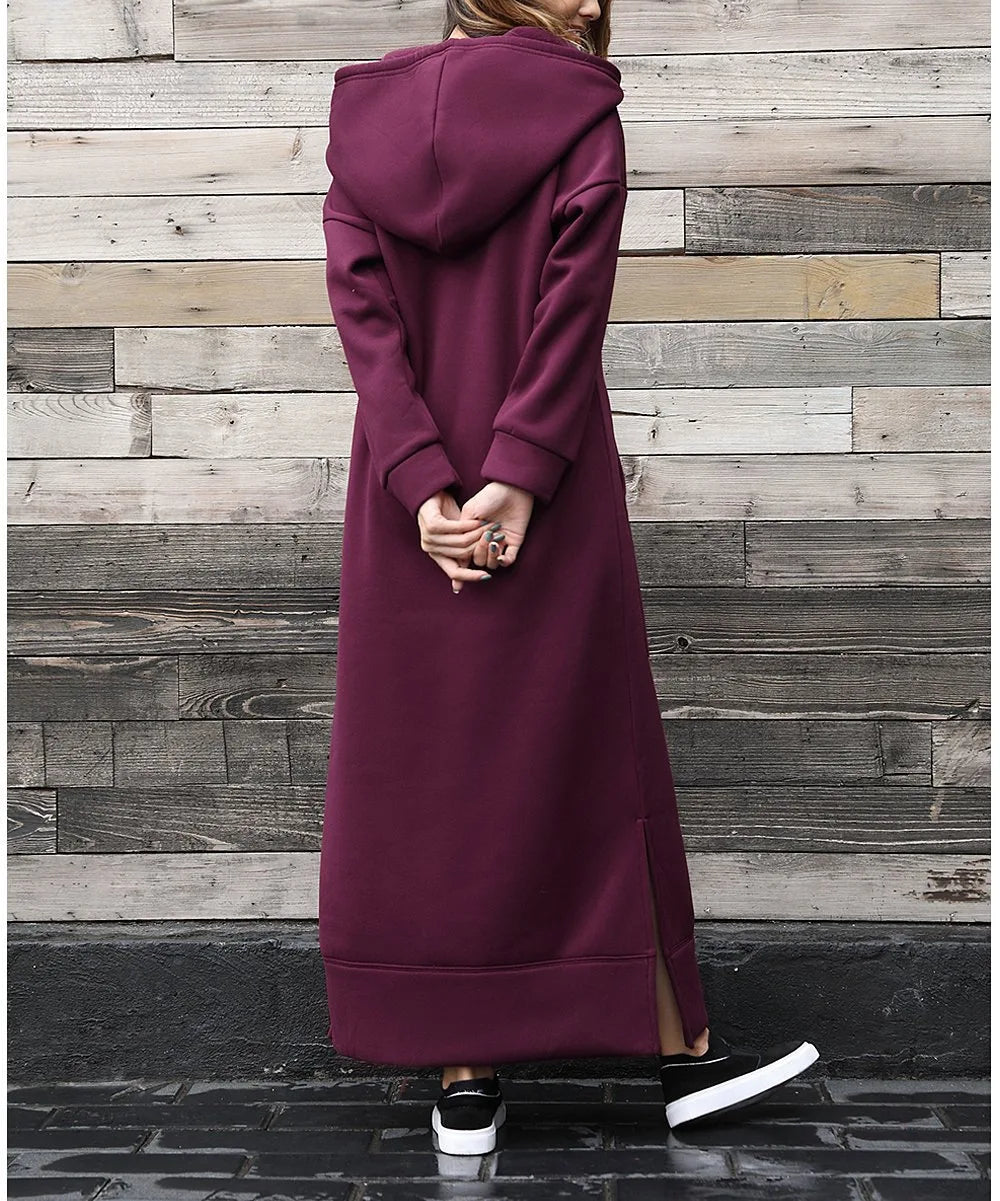 Women's Hoodie Midi Dress – Lace-Up Hem Hooded Sweatshirt Dress – Casual Loose Long Dress for Autumn & Winter