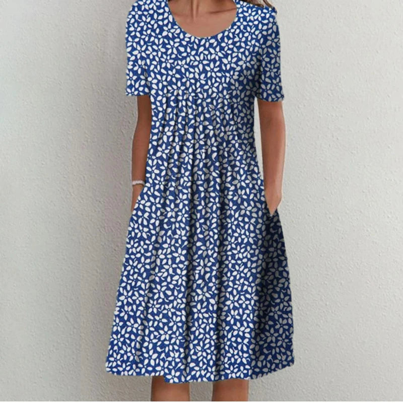 2024 Spring/Summer Women's Elegant Large Swing Skirt With Round Neck Printed Short Sleeved Dress