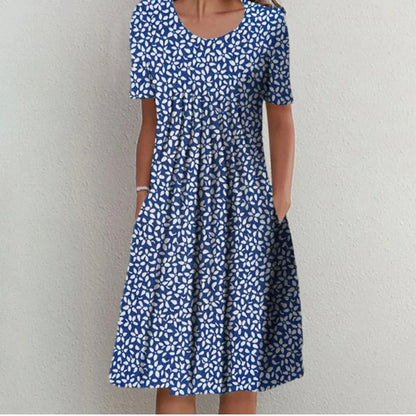 2024 Spring/Summer Women's Elegant Large Swing Skirt With Round Neck Printed Short Sleeved Dress