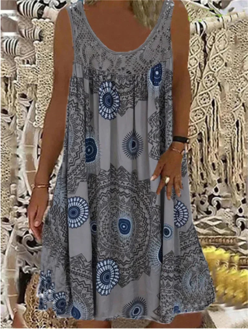Women’s Sleeveless Boho Print Dress – A-Line Pleated Hem Lace Splice Knee-Length Summer Dress – Casual, Holiday & Beach – Sizes S–XXXL