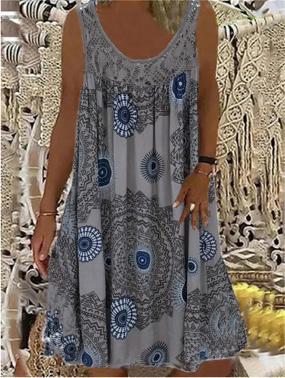 Women’s Sleeveless Boho Print Dress – A-Line Pleated Hem Lace Splice Knee-Length Summer Dress – Casual, Holiday & Beach – Sizes S–XXXL