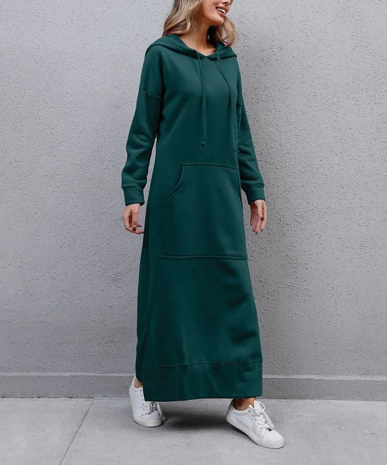 Women's Hoodie Midi Dress – Lace-Up Hem Hooded Sweatshirt Dress – Casual Loose Long Dress for Autumn & Winter