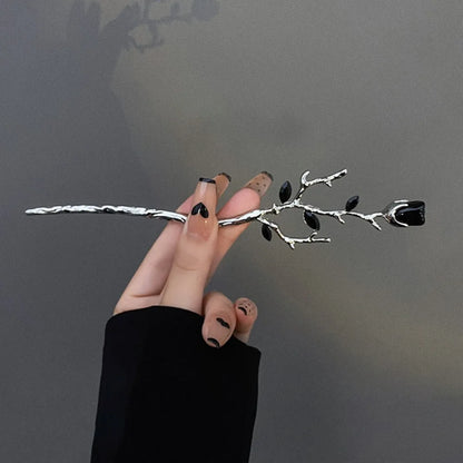 Rose Flower Crystal Hair Stick – Vintage Chinese Alloy Hairpin for Women, Black & Red