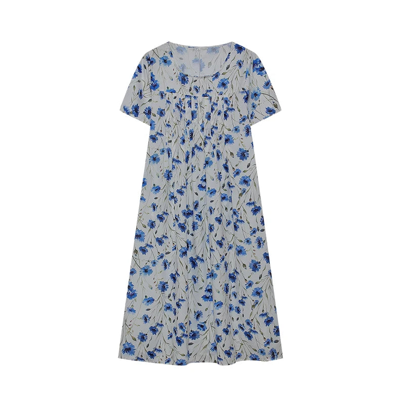 2024 Spring/Summer Women's Elegant Large Swing Skirt With Round Neck Printed Short Sleeved Dress
