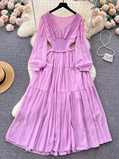 Vintage Chiffon Long Dress Women Elegant V-neck Long Sleeved Casual Dresses French Pleated Slim A-line Long Robe Vestidos
