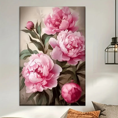 Pink Peony Canvas Wall Art – Unframed Vibrant Floral Print for Living Room, Office & Cafe