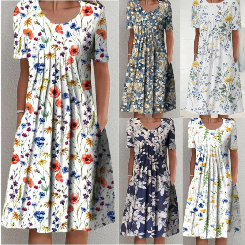 2024 Spring/Summer Women's Elegant Large Swing Skirt With Round Neck Printed Short Sleeved Dress